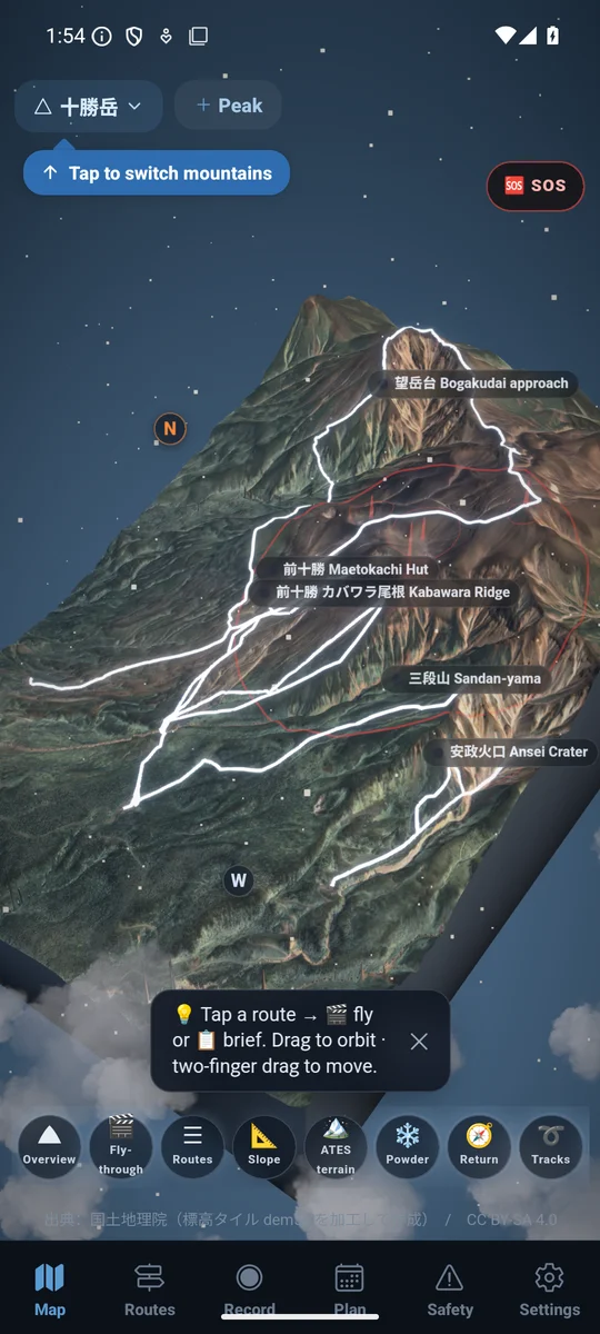 Actual Android preview screen showing Tokachi terrain and routes.