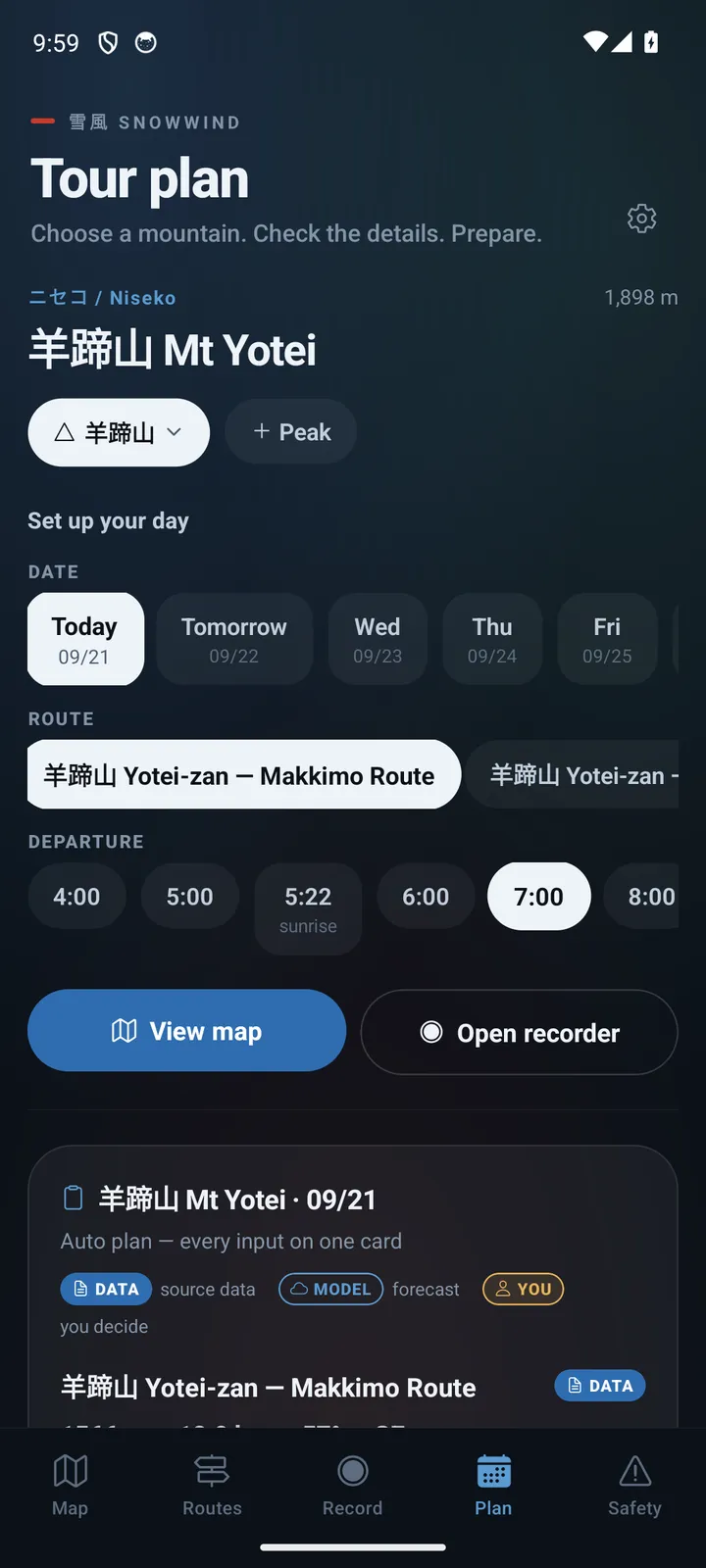 App plan tab: Mt Yotei, date, route and start time
